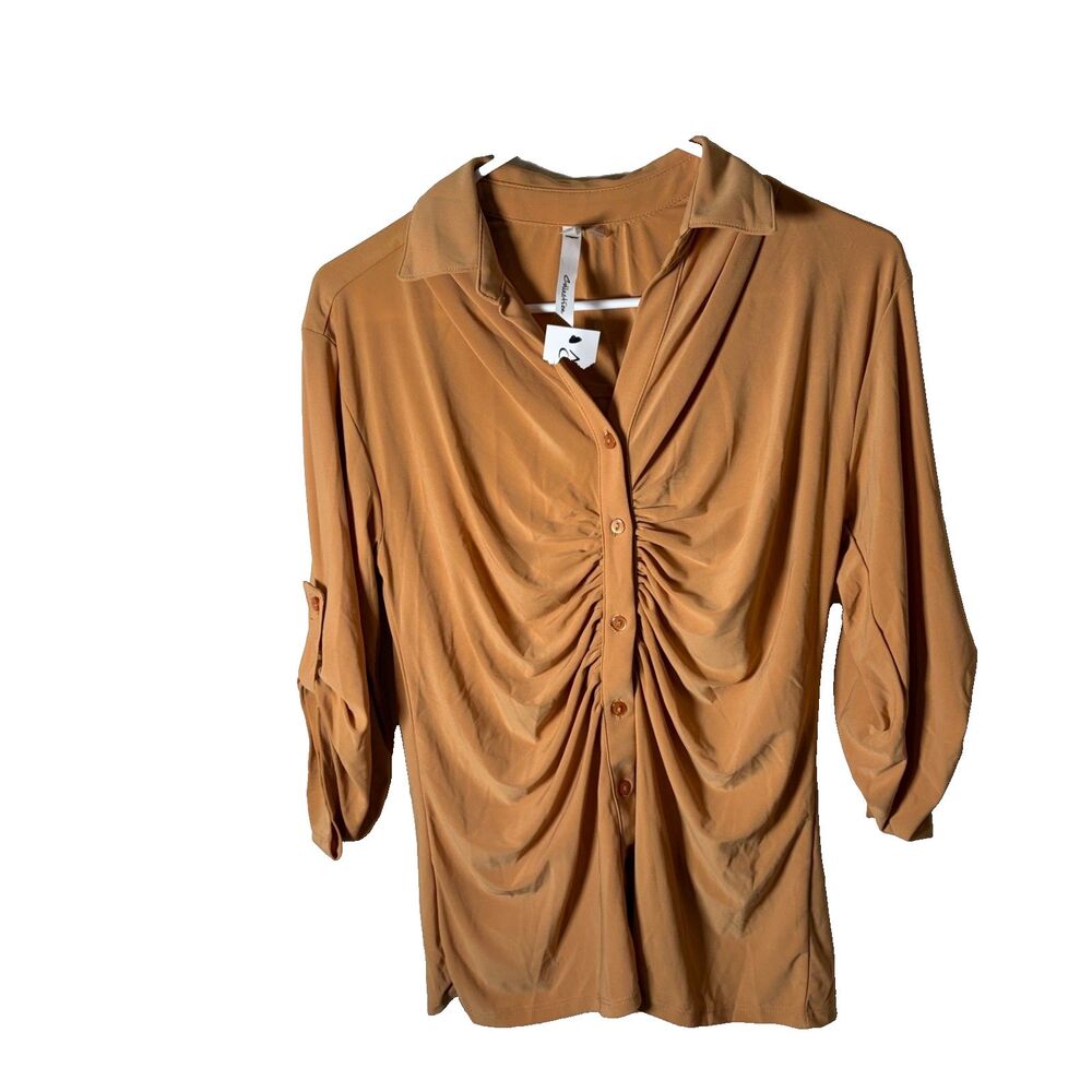 Ny Collection Blouse Women's Petite Medium Ruched Button Up Collared Top